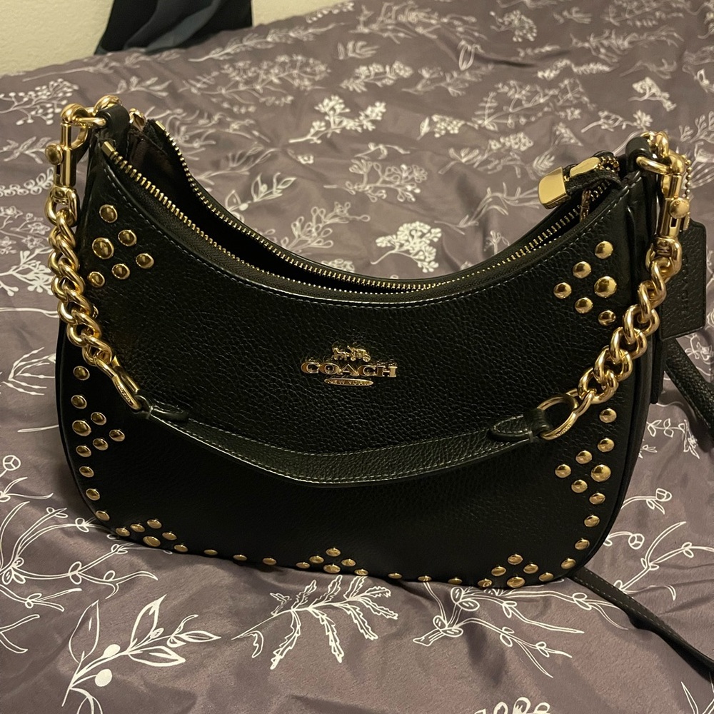 Coach Black Shoulder Bag with Gold Studs